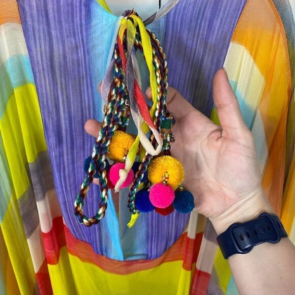 Petit Pois Viviana G Sheer Mesh Poncho XS | Striped Beaded Pom Pom Boho Top - Picture 6 of 11